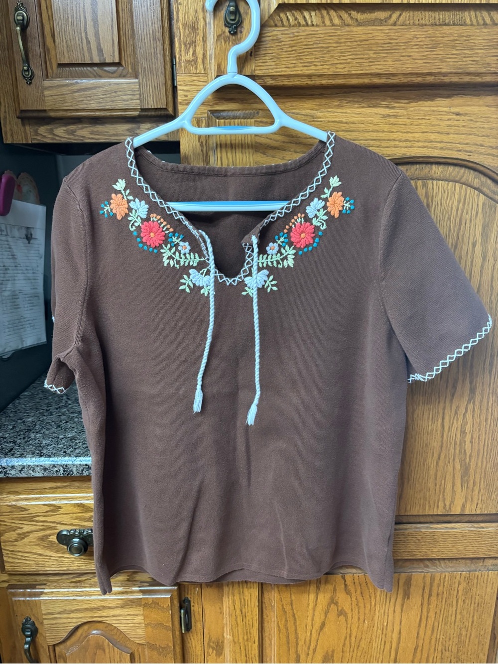Embroidered Brown Tie-Neck Women’s Tunic Top